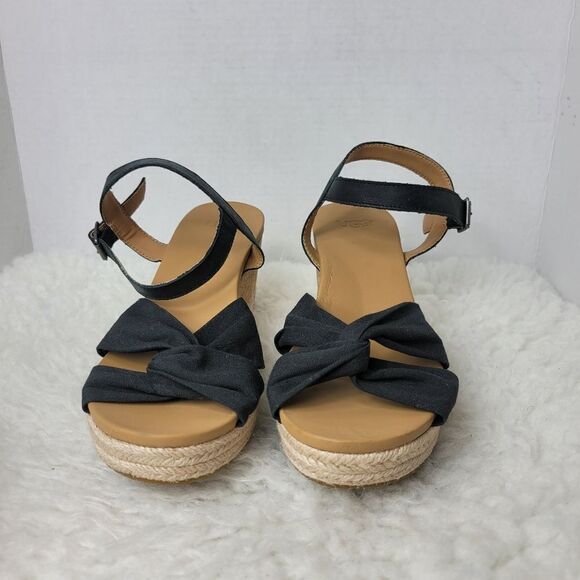 UGG Joslyn Women’s Sandals Platform Size 10 Wedge Cork Heel Leather Canvas Shoes - Picture 2 of 9